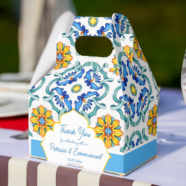 Blå gult Majolica-plattor Medelhavets anpassningsb Presentaskar (Blue yellow Majolica tiles Mediterranean custom Favor Box wedding favor box)