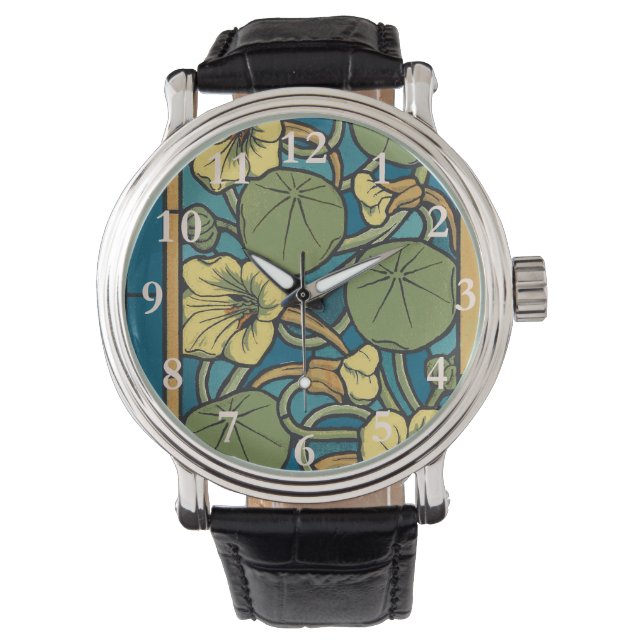 Blå Gult Nasturtium Flower Nouveau Mönster Armbandsur (Framsida)