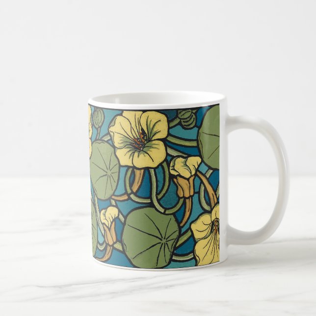 Blå Gult Nasturtium Flower Nouveau Mönster Kaffemugg (Höger)