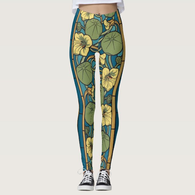 Blå Gult Nasturtium Flower Nouveau Mönster Leggings (Framsida)