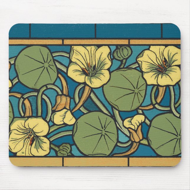 Blå Gult Nasturtium Flower Nouveau Mönster Musmatta (Framsidan)
