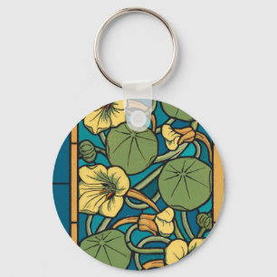 Blå Gult Nasturtium Flower Nouveau Mönster Nyckelring