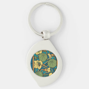 Blå Gult Nasturtium Flower Nouveau Mönster Swirl Silverfärgad Nyckelring