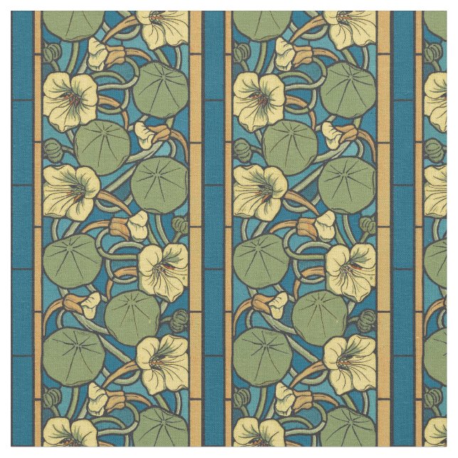 Blå Gult Nasturtium Flower Nouveau Mönster Tyg (Närbild)