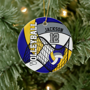 Blå, Gult och Grått Personalize Volleyball 🏐 Julgransprydnad Keramik