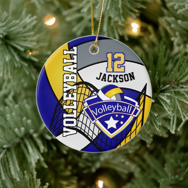 Blå, Gult och Grått Personalize Volleyball Logotyp Julgransprydnad Keramik (Träd)