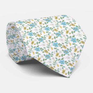 Blå gult och vita blommor på vit bakgrund. slips