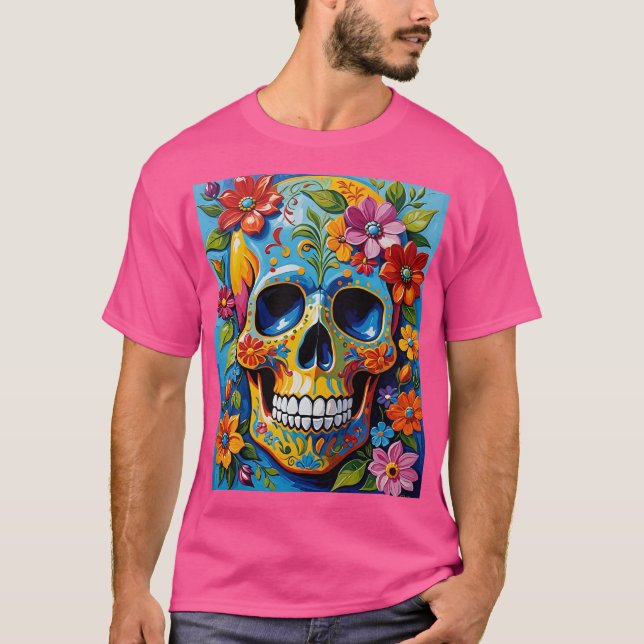 Blå Gult Socker Skullblomma Leverans T Shirt (Framsida)