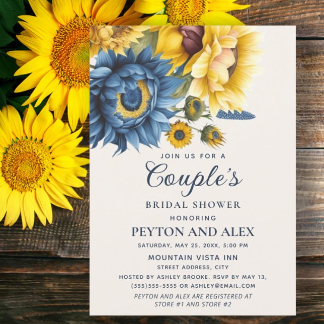 Blå Gult Solblommor Peles Möhippa Inbjudningar (Navy blue and yellow sunflowers Couple's bridal shower invitation)