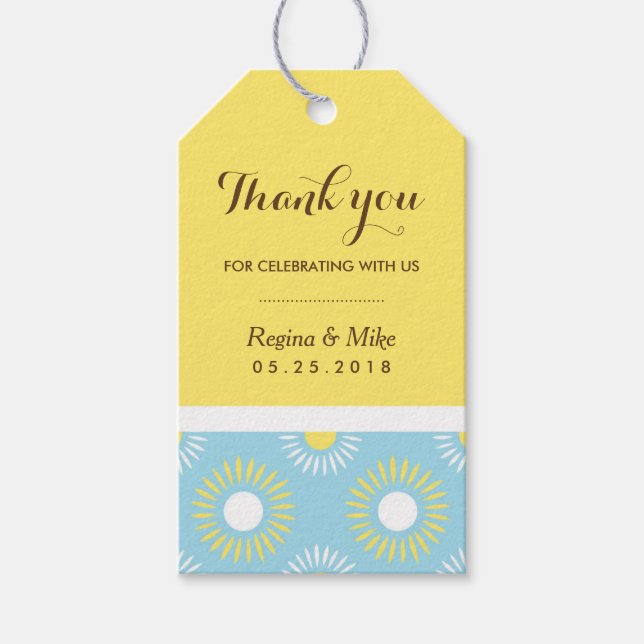Blå Gult Solrosblomma Mönster Gift Märkre för Bröl Presentetikett (Framsidan)