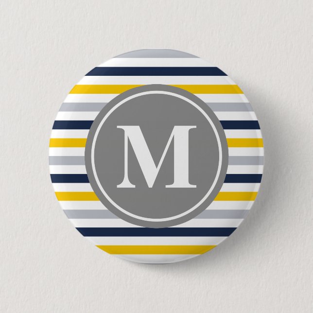 Blå Gult, stripe Mönster Monogram Knapp (Framsida)