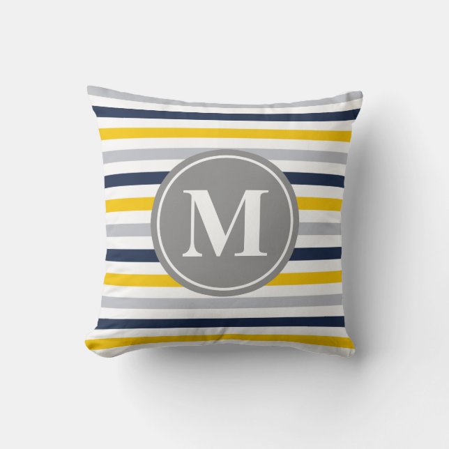 Blå Gult, stripe Mönster Monogram Kudde (Framsida)