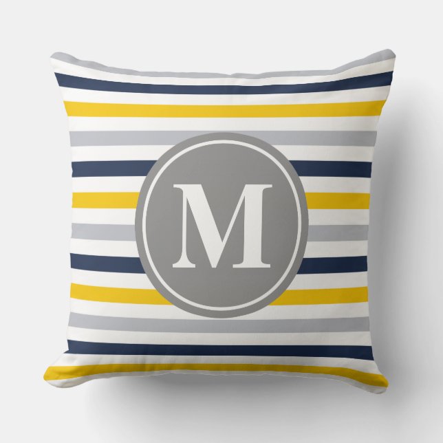 Blå Gult, stripe Mönster Monogram Kudde (Framsida)
