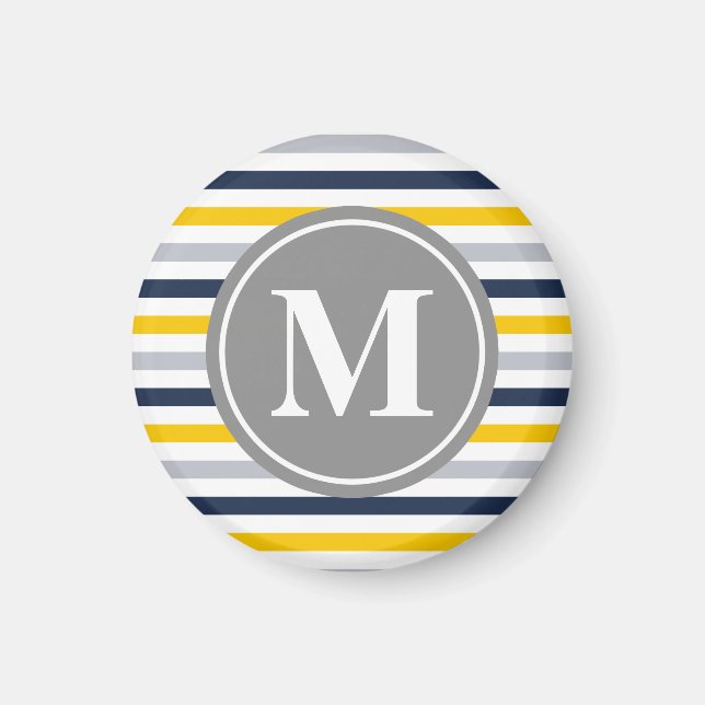 Blå Gult, stripe Mönster Monogram Magnet (Framsidan)