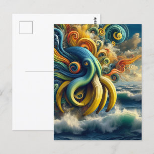Blå Gult Surreal Banana Octopus Vykort