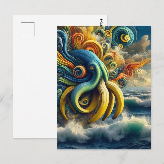 Blå Gult Surreal Banana Octopus Vykort (Fram/baksida)