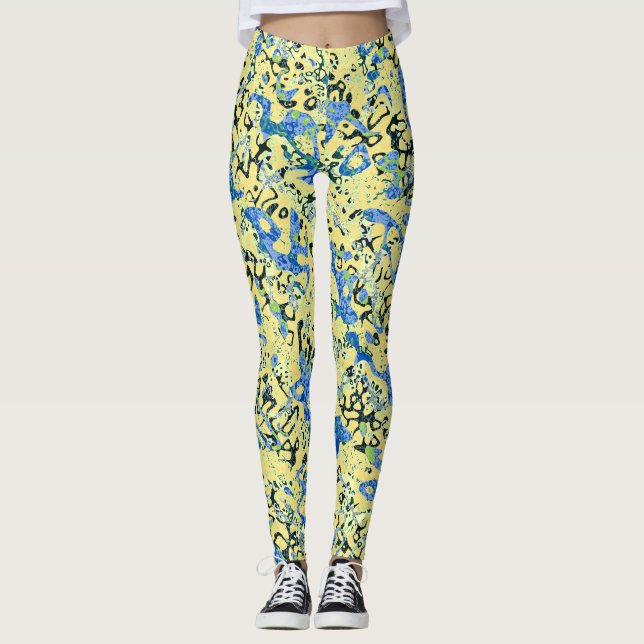 Blå Gult Svart fläckig grafik Abstraction Leggings (Framsida)