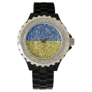 Blå gult Ukraina flagga glitter faux sparkles Armbandsur