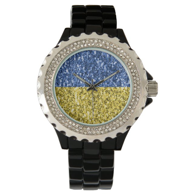 Blå gult Ukraina flagga glitter faux sparkles Armbandsur (Framsida)