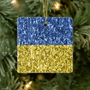 Blå gult Ukraina flagga glitter faux sparkles Julgransprydnad Keramik