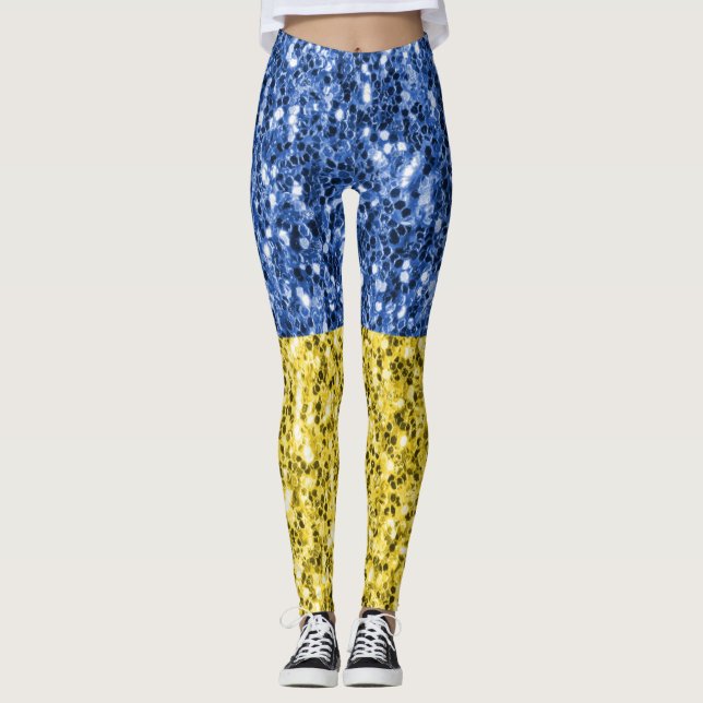 Blå gult Ukraina flagga glitter faux sparkles Leggings (Framsida)