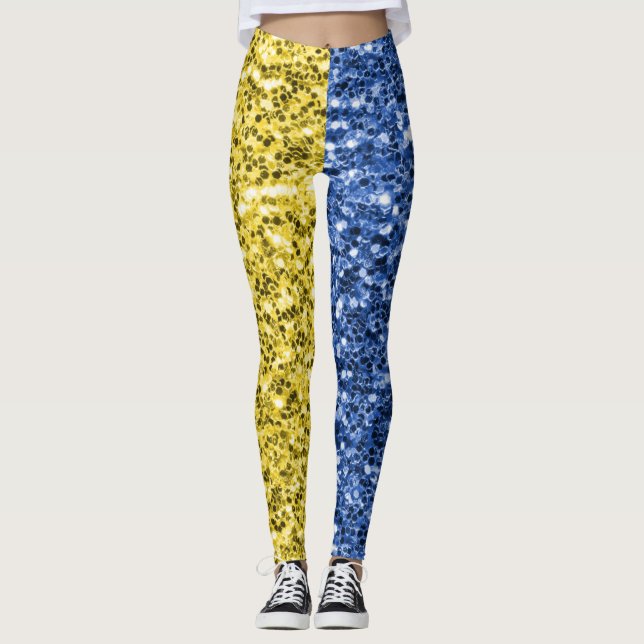 Blå gult Ukraina flagga glitter faux sparkles Leggings (Framsida)