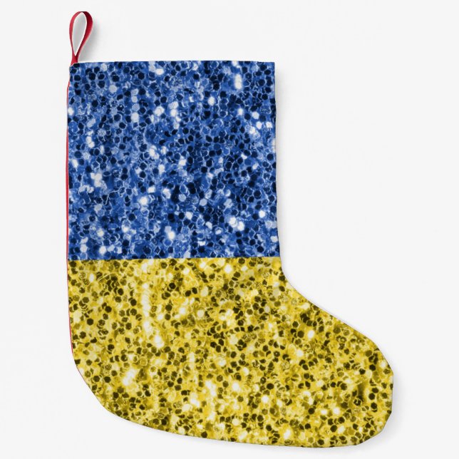 Blå gult Ukraina flagga glitter faux sparkles Liten Julstrumpa (Framsidan)