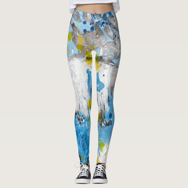 Blå Gult Vit Modern Elegant Abstrakt Art Leggings (Framsida)