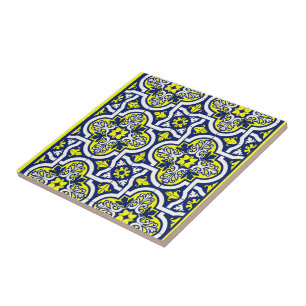 Blå Gult Vita dekorationer Vintage Ceramic Tile Kakelplatta