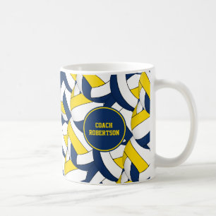Blå gult volleyball-teamtränare tack för att du ge kaffemugg