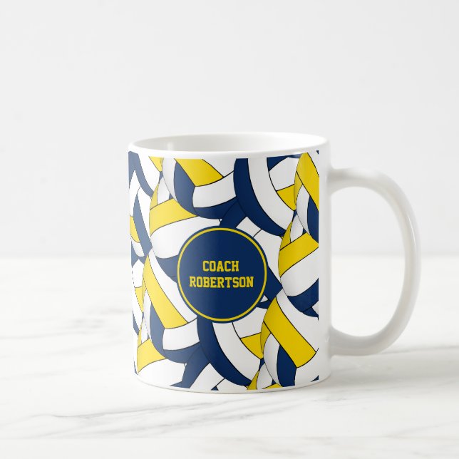 Blå gult volleyball-teamtränare tack för att du ge kaffemugg (Höger)