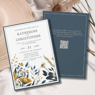 Blå Gult Wildblommor Elegant Formal Bröllop Inbjudningar