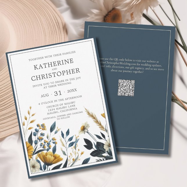 Blå Gult Wildblommor Elegant Formal Bröllop Inbjudningar (Blue Yellow Wildflowers Elegant Save the Date Card with QR Code for Wedding Website.)