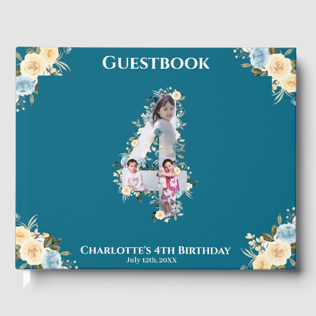 Blå Gulten Flower 4e födelsedagen Teal Photo Colla Gästböcker (Framsida)