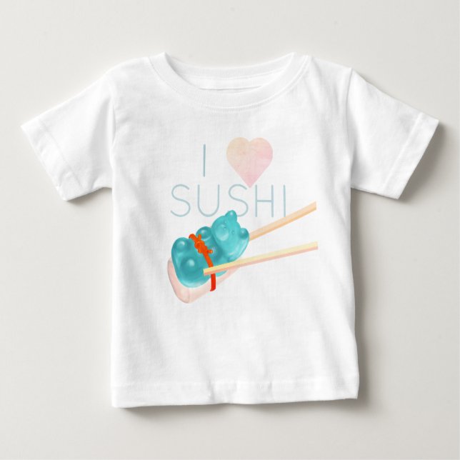 Blå gummibär "Jag älskar sushi" Baby T-Shirt (Framsida)