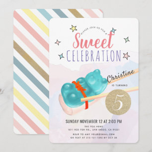 Blå gummiboört Candy Sushi Girl Birthday Inbjudningar