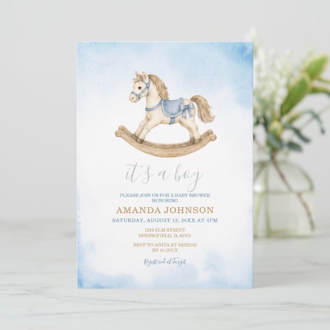 Blå gunghäst baby shower inbjudan (Stående Fram)