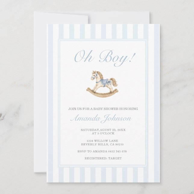 Blå Gunghäst Baby Shower Inbjudan (Framsida)