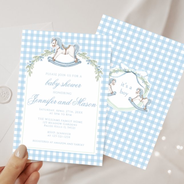 Blå gunghäst gingham boho baby boy shower inbjudningar (Skapare uppladdad)