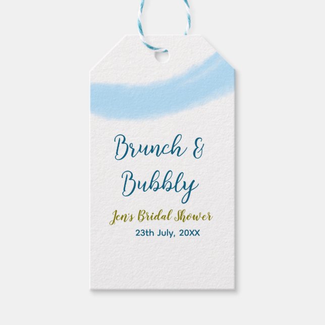 Blå gyllene akvarell bubblig och brunch bröllopsd  presentetikett (Framsidan)