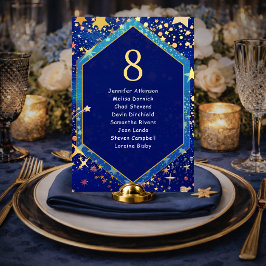 Blå gyllene stjärnklar natt magisk sittplan för br bordsnummer