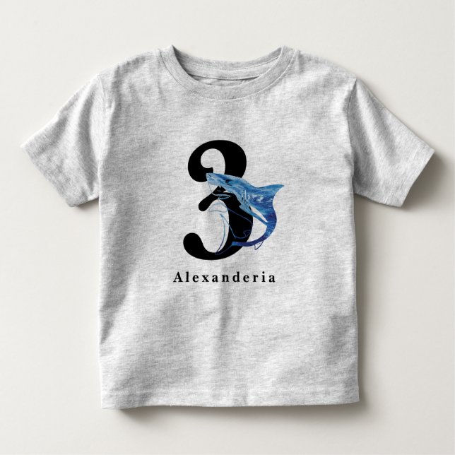 Blå haj 3-årsdag namn ålder barn t shirt (Framsida)