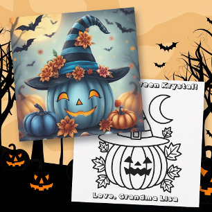 Blå Halloween-pumpa & personlig färgningssida Kort