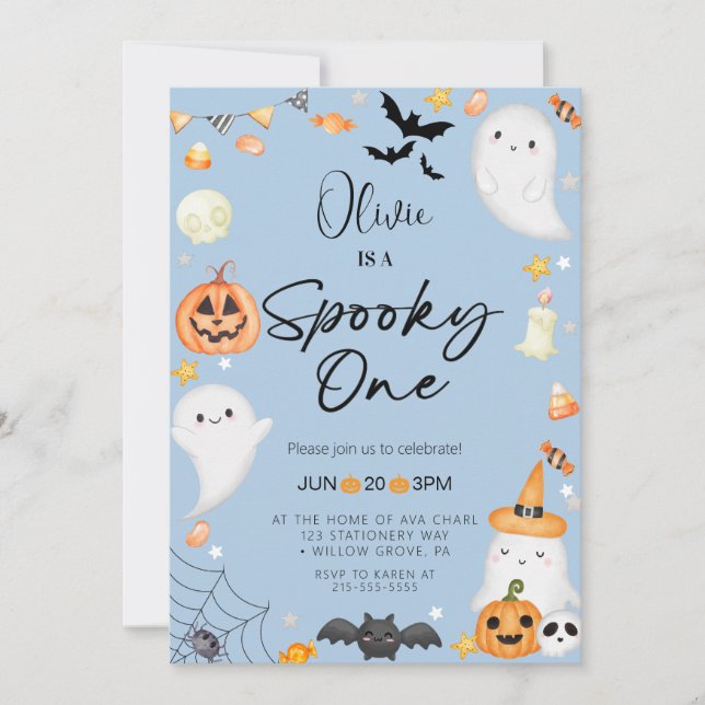 Blå Halloween-spöke 1:a pojkfödelsedagen Inbjudningar (Framsida)