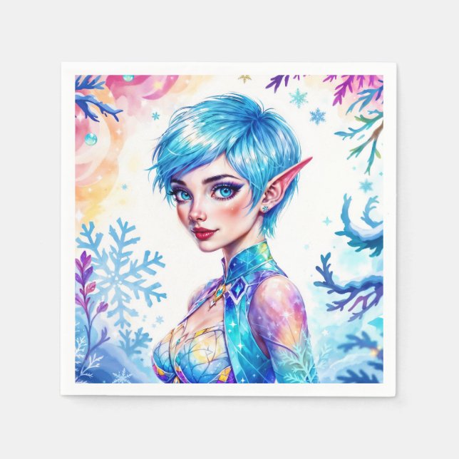 Blå halshögda, magiska isprinsar i snö pappersservett (Framsidan)