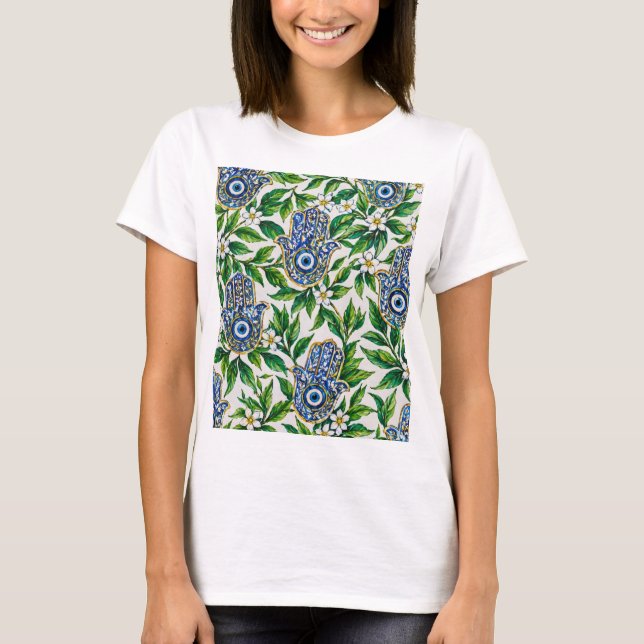 Blå Hamsa Hand av Fatima Blommönster T Shirt (Framsida)