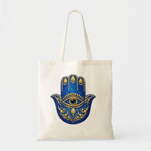Blå Hamsa Hand Toteväska Guld Ond Öga Canvas Mand Tygkasse