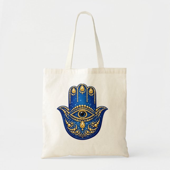 Blå Hamsa Hand Toteväska Guld Ond Öga Canvas Mand Tygkasse (Framsidan)