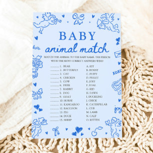 Blå Handritad Baby Djur Match Baby Shower Spel Inbjudningar