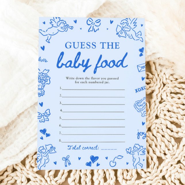 Blå Handritad Baby Shower Gissa Barnmaten Inbjudningar (Blue Hand Drawn Baby Shower Guess The Baby Food Game)